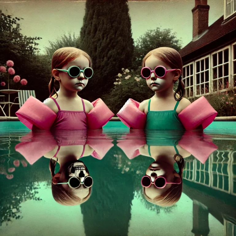 Dos niñas con gafas y manguitos observan su reflejo en la piscina; una de ellas muestra un rostro de calavera bajo el agua.