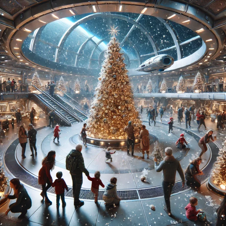 Navidad en Orión: una estación espacial futurista decorada con luces y árboles navideños, donde familias y niños celebran alrededor de un enorme abeto iluminado, bajo una cúpula con nieve artificial.