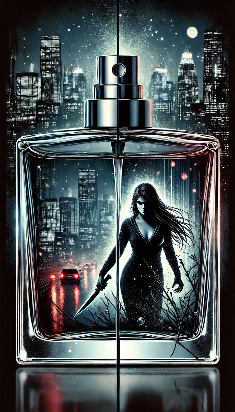 Botella de perfume oscuro sobre fondo negro con reflejos violetas: símbolo de la amenaza en «Un perfume asesino».
