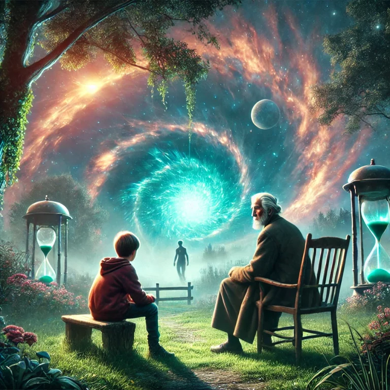 El futuro ya ocurrió: ilustración de un anciano y un niño en un jardín, mirando al cielo estrellado mientras una luz brillante sugiere un viaje en el tiempo o una revelación sobrenatural.