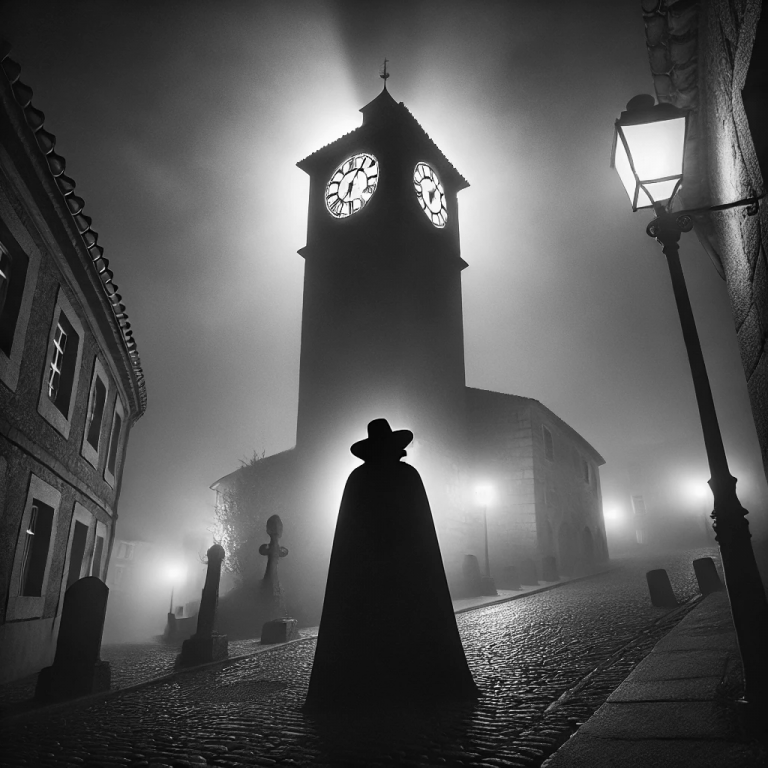 Silueta del Señor de Negro ante una torre de reloj iluminada por la niebla; una escena inquietante que marca el inicio de «Cuando el tiempo llama».
