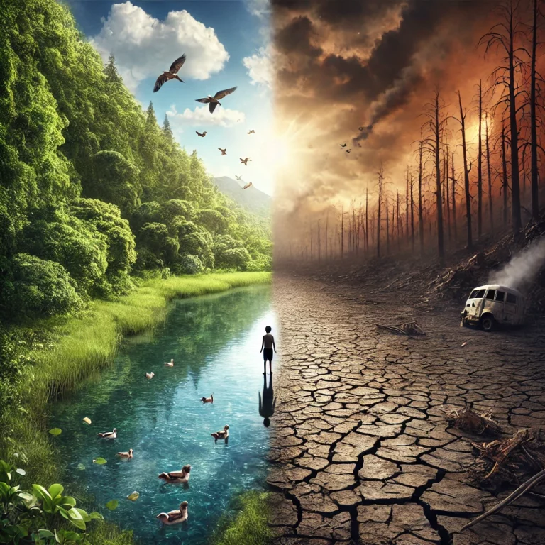 Un niño frente al contraste entre un bosque verde y un paisaje desértico arrasado: símbolo del futuro de la Tierra entre esperanza y devastación.