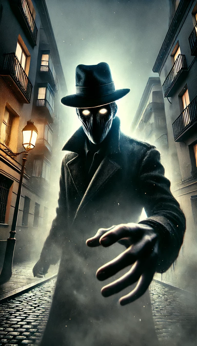 Figura encapuchada con abrigo largo y sombrero negro caminando entre la niebla en una calle solitaria