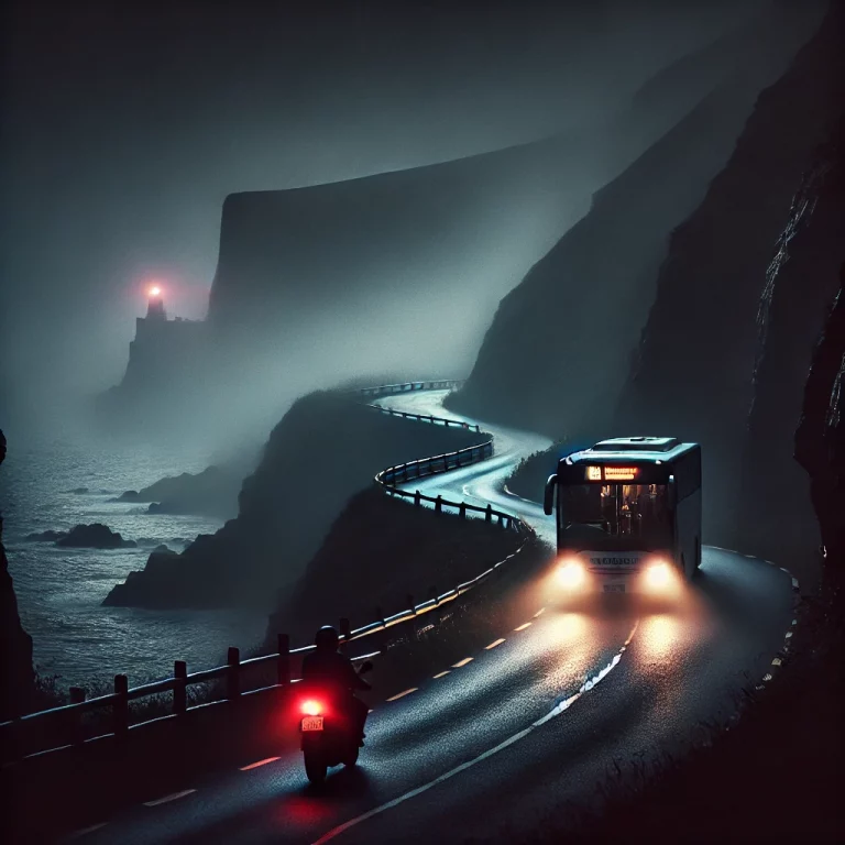 Una carretera costera serpenteante en plena noche, con niebla espesa. Un autobús se cruza con un misterioso motorista iluminado solo por la luz roja de su vehículo. Al fondo, un faro solitario emite una tenue luz sobre los acantilados