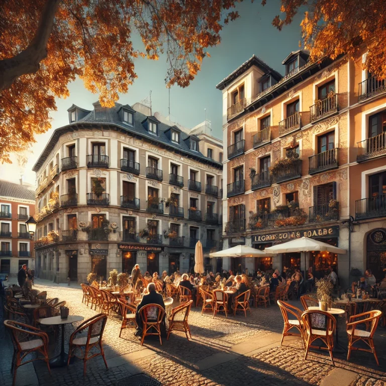 Terraza de otoño en Madrid con personas conversando y el sol dorado del atardecer