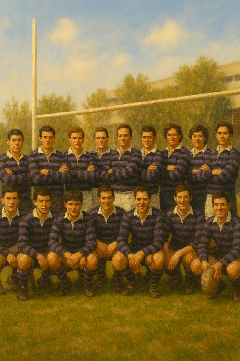 El jugador de rugby. Equipo universitario de rugby en los años 80 posando para una fotografía histórica, vestidos con camisetas a rayasl.